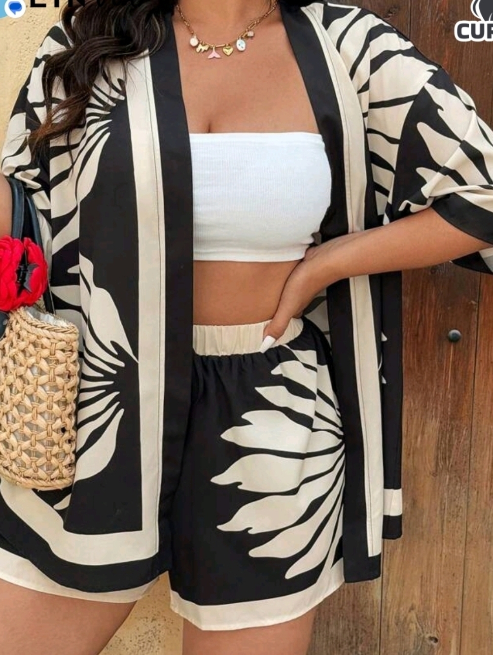 Tropical Print 3 Piece Kimono Shorts crop top - Picture 9 of 9